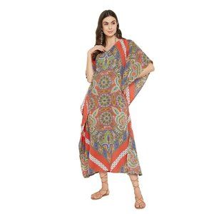 Red Floral Paisley Print Caftan Coverup Maxi Dress